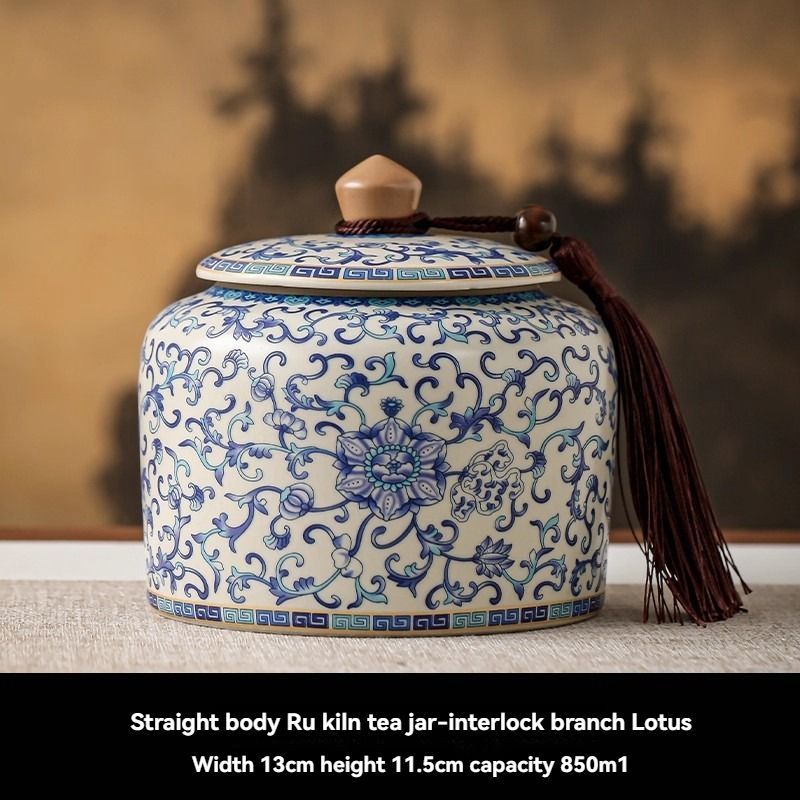Ru Kiln tea jar, blue-and-white ceramic canister, airtight tea storage, floral tea container, Australian tea accessory - Cyan - Size 8