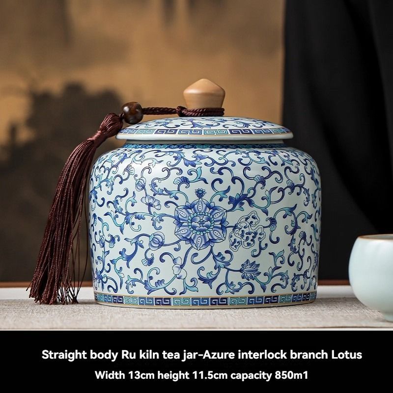 Ru Kiln tea jar, blue-and-white ceramic canister, airtight tea storage, floral tea container, Australian tea accessory - Cyan - Size 9
