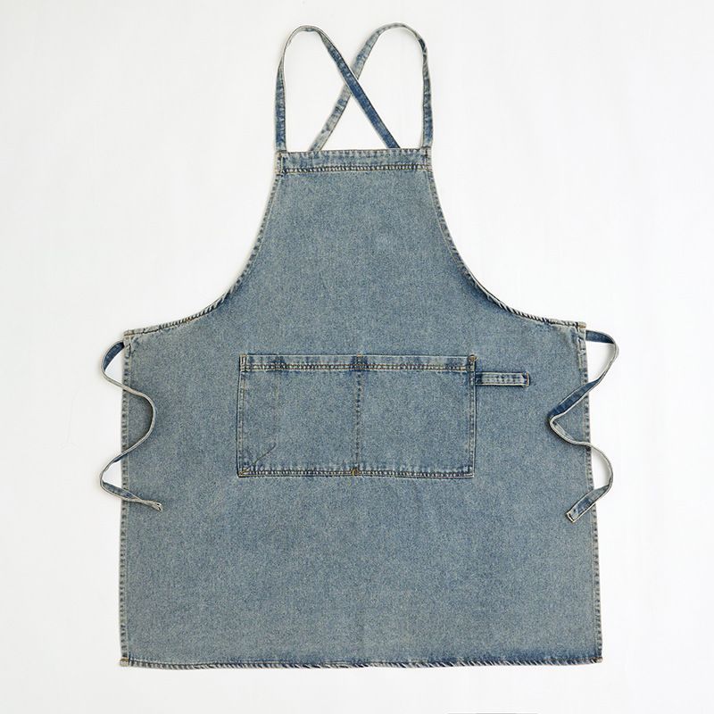 denim apron, kitchen apron, Japanese-style apron, work apron, unisex apron, apron with pockets, barista apron, cooking apron, men's denim apron, women's denim apron - light blue - Size M