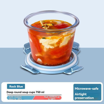 glass soup cup, airtight soup cup, microwave-safe soup cup, office lunch box, sealed food container, glass lunch box, soup container - Blue - Size 750ML-2PCS