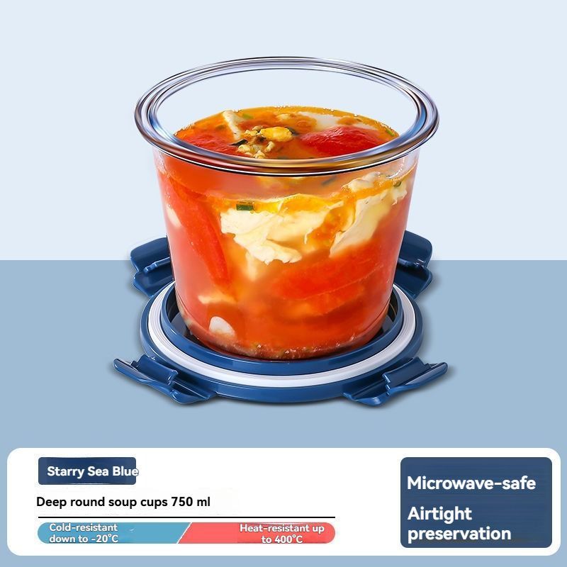 glass soup cup, airtight soup cup, microwave-safe soup cup, office lunch box, sealed food container, glass lunch box, soup container - Navy - Size 750ML-2PCS