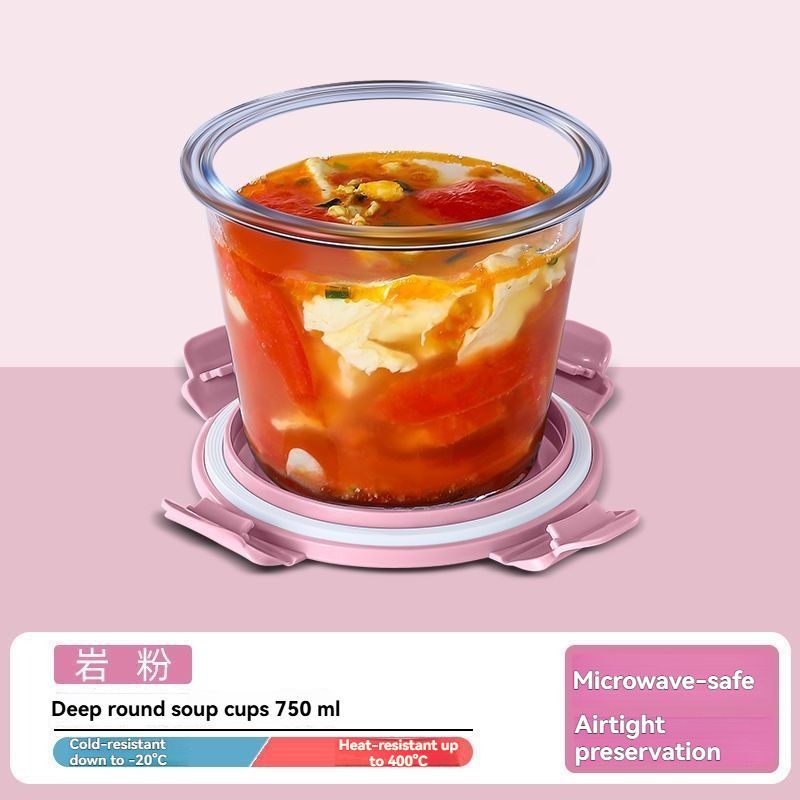 glass soup cup, airtight soup cup, microwave-safe soup cup, office lunch box, sealed food container, glass lunch box, soup container - Pink - Size 750ML-2PCS