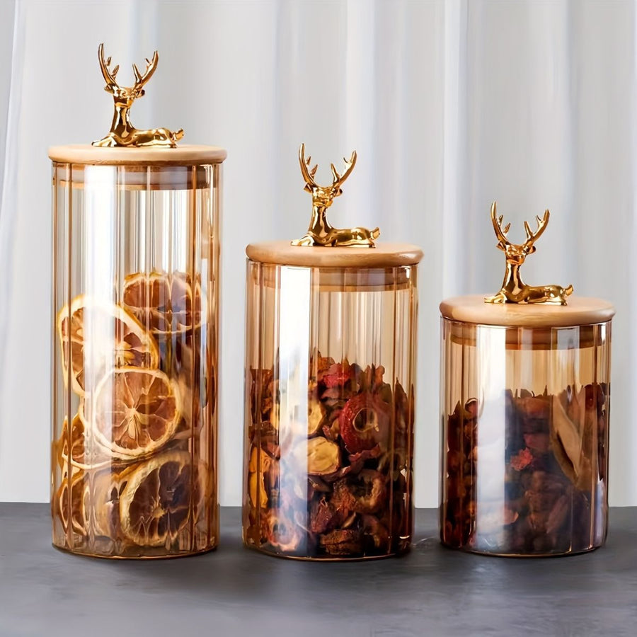 deer head storage jars, food grade canisters, coffee bean container, airtight cereal jar, grain storage set, decorative kitchen jars, pantry organization, glass canisters with lids, wooden lid jars - Clear - Size 3PCS