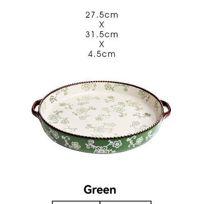 ceramic serving plate, double handled baking dish, pizza pan, cherry blossom pattern, underglaze color, home kitchenware, oven safe dish, baking tray, serving platter, Australian kitchen - Green - Size 10.8inch