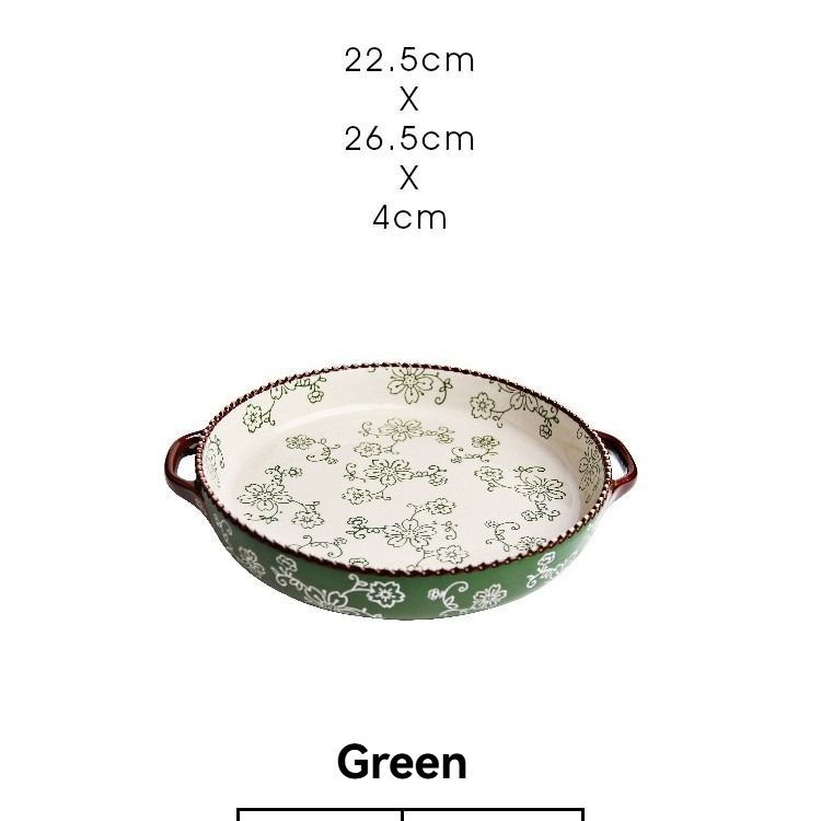 ceramic serving plate, double handled baking dish, pizza pan, cherry blossom pattern, underglaze color, home kitchenware, oven safe dish, baking tray, serving platter, Australian kitchen - Green - Size 8.8inch