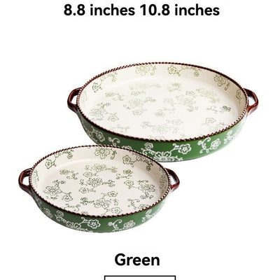 ceramic serving plate, double handled baking dish, pizza pan, cherry blossom pattern, underglaze color, home kitchenware, oven safe dish, baking tray, serving platter, Australian kitchen - Green - Size SET