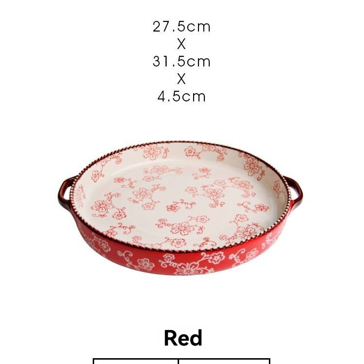 ceramic serving plate, double handled baking dish, pizza pan, cherry blossom pattern, underglaze color, home kitchenware, oven safe dish, baking tray, serving platter, Australian kitchen - Red - Size 10.8inch