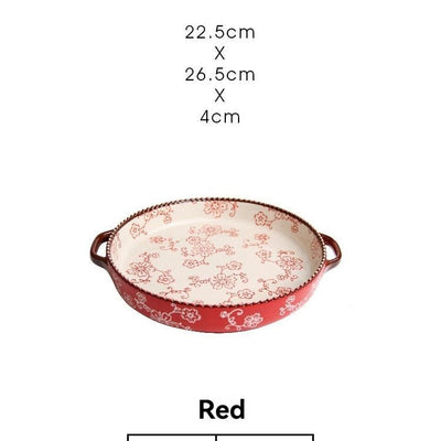 ceramic serving plate, double handled baking dish, pizza pan, cherry blossom pattern, underglaze color, home kitchenware, oven safe dish, baking tray, serving platter, Australian kitchen - Red - Size 8.8inch