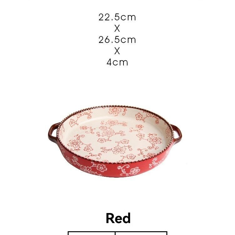 ceramic serving plate, double handled baking dish, pizza pan, cherry blossom pattern, underglaze color, home kitchenware, oven safe dish, baking tray, serving platter, Australian kitchen - Red - Size 8.8inch