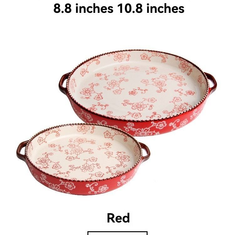 ceramic serving plate, double handled baking dish, pizza pan, cherry blossom pattern, underglaze color, home kitchenware, oven safe dish, baking tray, serving platter, Australian kitchen - Red - Size SET
