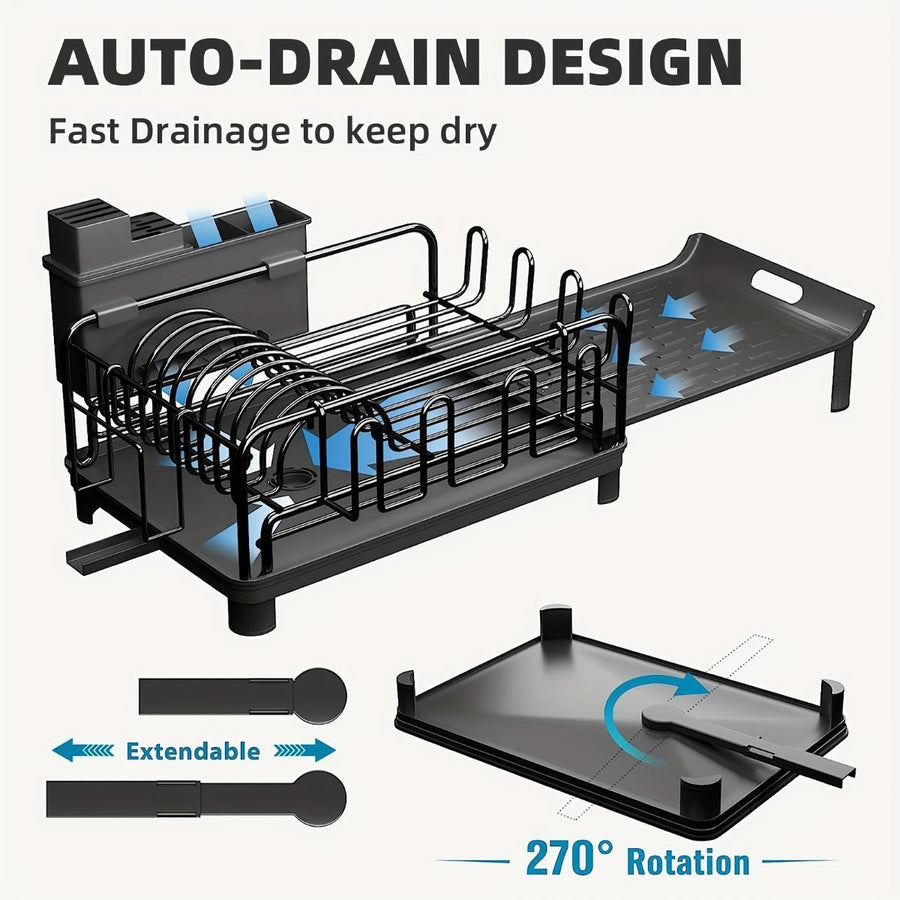 extendable dish drying rack, rust proof dish rack, auto drain dish rack, utensil and cup holder, kitchen counter dish rack, Australian kitchen, drying rack with tray - Black - Size Black