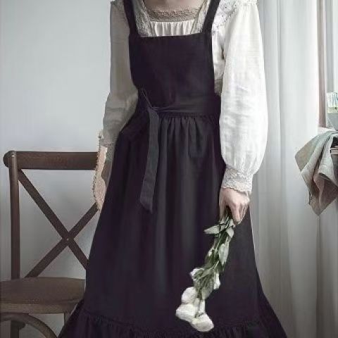 French retro apron, anti-stain apron, women's linen apron, flower shop apron, coffee shop apron, gardening apron, literary apron, adjustable apron, Australian apron, stylish work apron - Black - Size M