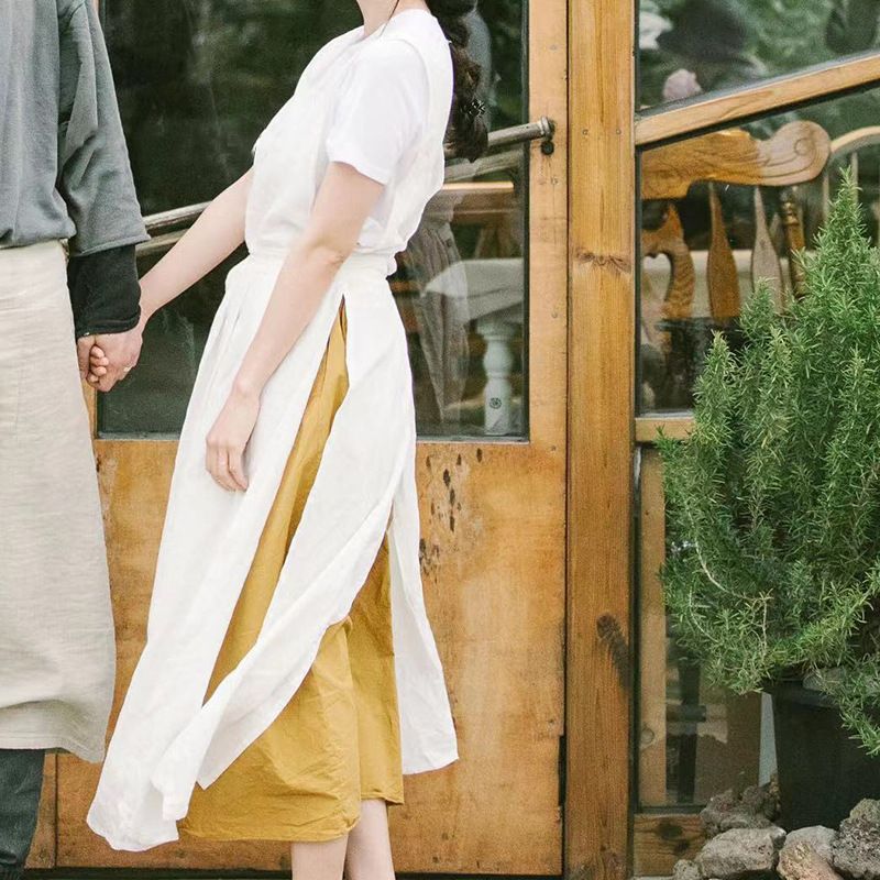 French retro apron, anti-stain apron, women's linen apron, flower shop apron, coffee shop apron, gardening apron, literary apron, adjustable apron, Australian apron, stylish work apron - White - Size M