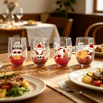 Christmas glass set, double walled glasses, borosilicate glass, festive drinkware, holiday gift, Australian Christmas, thermal insulated glasses, reusable glass cups - Random patterns - Size 4pcs