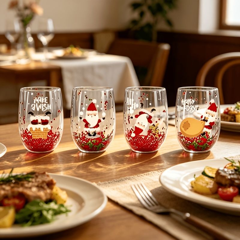 Christmas glass set, double walled glasses, borosilicate glass, festive drinkware, holiday gift, Australian Christmas, thermal insulated glasses, reusable glass cups - Random patterns - Size 4pcs