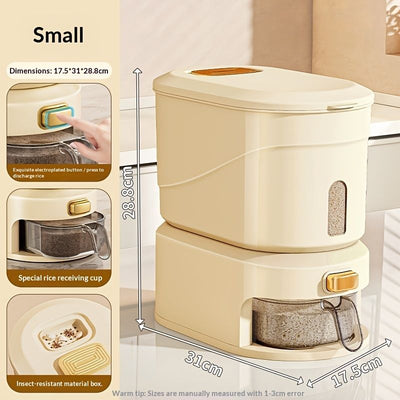 large capacity rice dispenser, measuring cup, time scale, plastic grain storage container, sealed food storage, insect proof food storage, moisture proof food storage, flour storage, pet food storage, Australian kitchen - Creamy - Size 10L