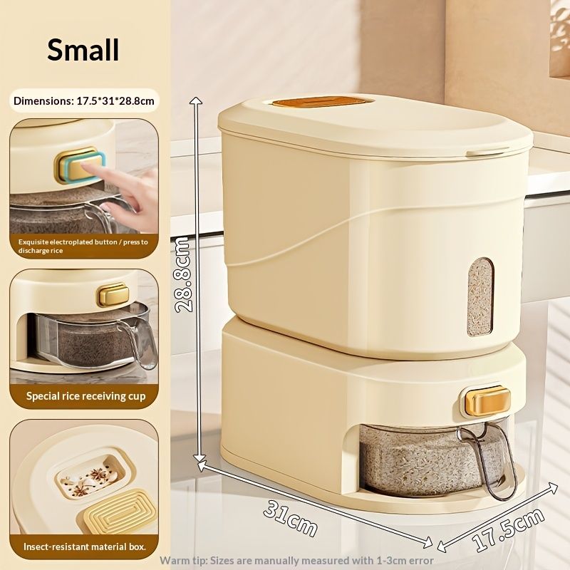 large capacity rice dispenser, measuring cup, time scale, plastic grain storage container, sealed food storage, insect proof food storage, moisture proof food storage, flour storage, pet food storage, Australian kitchen - Creamy - Size 10L