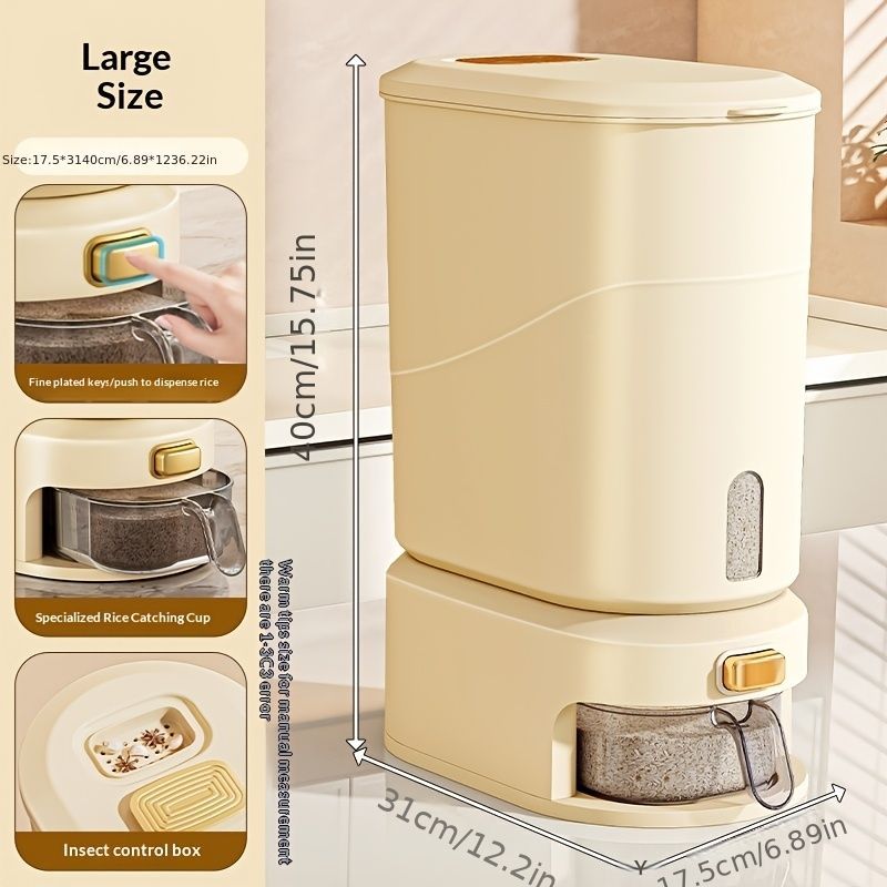large capacity rice dispenser, measuring cup, time scale, plastic grain storage container, sealed food storage, insect proof food storage, moisture proof food storage, flour storage, pet food storage, Australian kitchen - Creamy - Size 20L