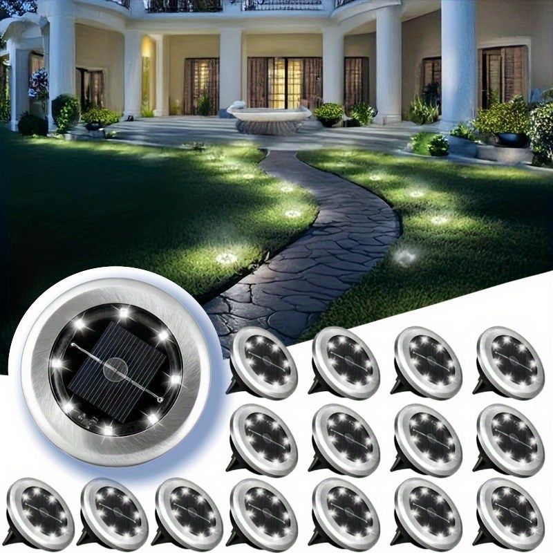 solar ground disk lights, outdoor lighting Australia, 8 LED lights, stainless steel solar lights, path lighting, garden driveway lights, courtyard lawn lighting, solar powered ground lights, energy efficient garden lights, automatic dusk to dawn lights -
