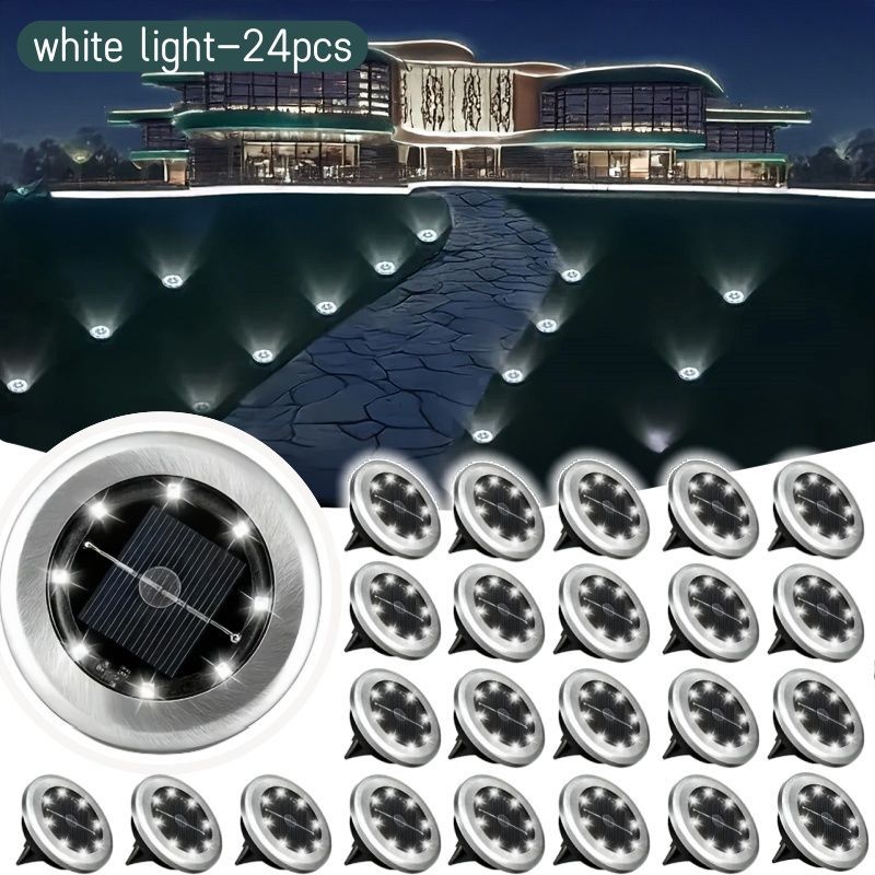 solar ground disk lights, outdoor lighting Australia, 8 LED lights, stainless steel solar lights, path lighting, garden driveway lights, courtyard lawn lighting, solar powered ground lights, energy efficient garden lights, automatic dusk to dawn lights -