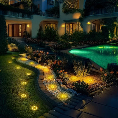 solar ground disk lights, outdoor lighting Australia, 8 LED lights, stainless steel solar lights, path lighting, garden driveway lights, courtyard lawn lighting, solar powered ground lights, energy efficient garden lights, automatic dusk to dawn lights -