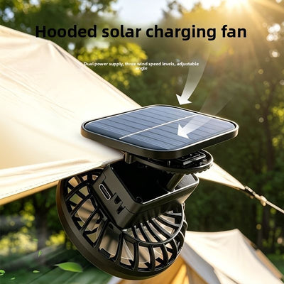 solar charging fan, camping fan, USB charging fan, 3-speed fan, adjustable angle fan, outdoor fan, portable fan, eco-friendly fan, Australian camping gear - Black - Size 2pcs