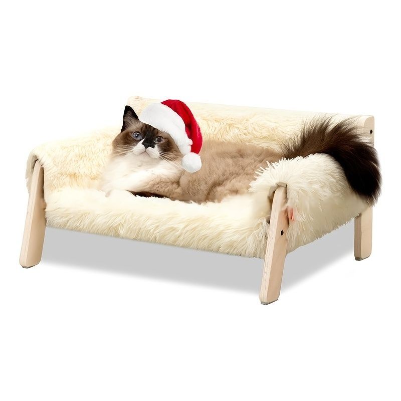 cat sofa bed, faux-fur cat bed, checkered pet bed, warm pet bed, washable pet bed, wooden cat bed, small dog bed, Australian pet bed - Beige - Size L