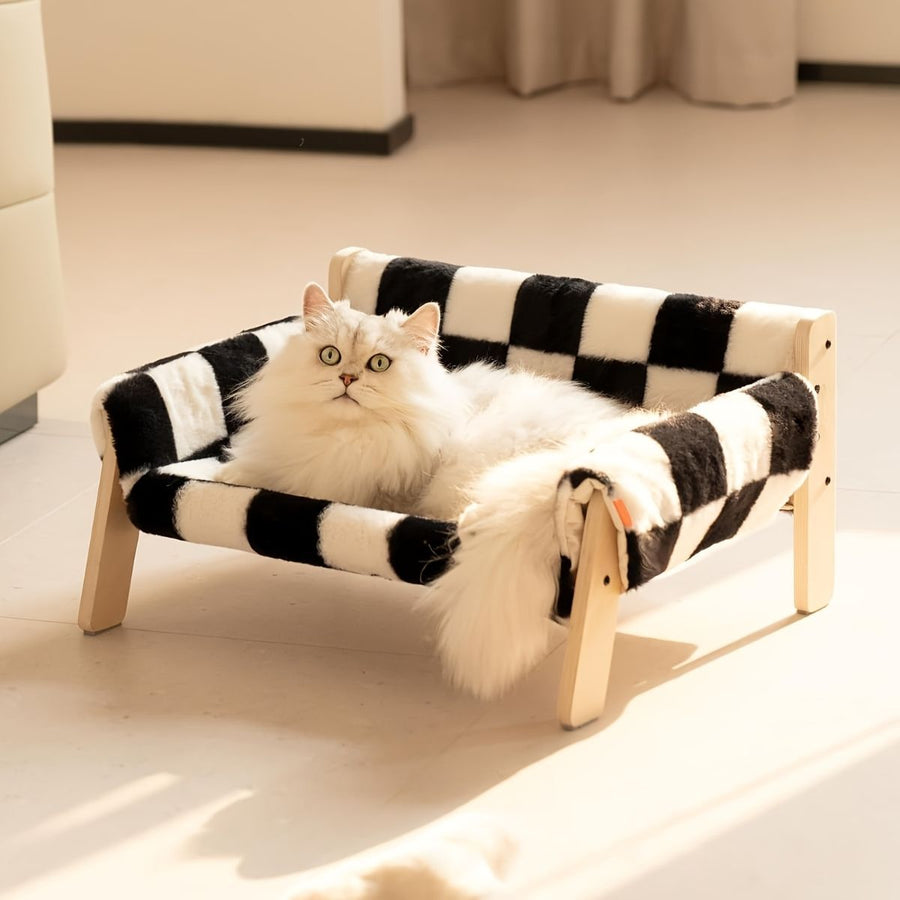 cat sofa bed, faux-fur cat bed, checkered pet bed, warm pet bed, washable pet bed, wooden cat bed, small dog bed, Australian pet bed - black and white squares - Size L