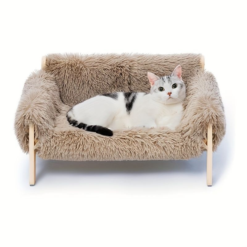 cat sofa bed, faux-fur cat bed, checkered pet bed, warm pet bed, washable pet bed, wooden cat bed, small dog bed, Australian pet bed - Brown - Size L