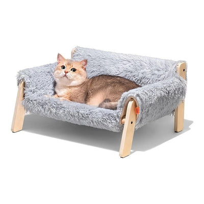 cat sofa bed, faux-fur cat bed, checkered pet bed, warm pet bed, washable pet bed, wooden cat bed, small dog bed, Australian pet bed - Gray - Size L