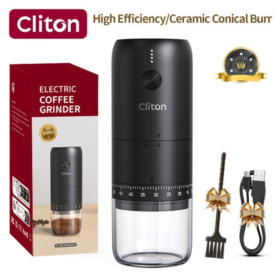 electric coffee grinder, Cliton coffee grinder, ceramic conical burr, portable coffee grinder, rechargeable coffee grinder, espresso coffee grinder, pour-over coffee grinder, Australia coffee grinder - Black - Size set
