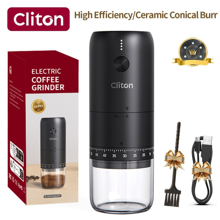 electric coffee grinder, Cliton coffee grinder, ceramic conical burr, portable coffee grinder, rechargeable coffee grinder, espresso coffee grinder, pour-over coffee grinder, Australia coffee grinder - Black - Size set