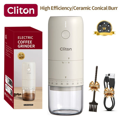 electric coffee grinder, Cliton coffee grinder, ceramic conical burr, portable coffee grinder, rechargeable coffee grinder, espresso coffee grinder, pour-over coffee grinder, Australia coffee grinder - White - Size set