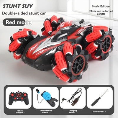 2.4G remote control car, electric stunt car, drifting car, spray function, kids toy car, double-sided stunt car, watch remote control, outdoor RC toy, rechargeable toy car - Red - Size Dual-control