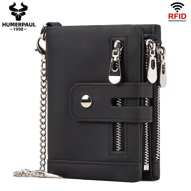 men's genuine leather wallet, RFID-blocking wallet, short men's wallet, multi-card slot wallet, multiple zipper coin pocket wallet - Black - Size L