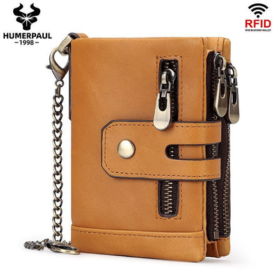 men's genuine leather wallet, RFID-blocking wallet, short men's wallet, multi-card slot wallet, multiple zipper coin pocket wallet - Brown - Size L