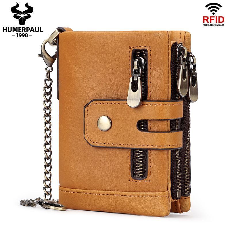 men's genuine leather wallet, RFID-blocking wallet, short men's wallet, multi-card slot wallet, multiple zipper coin pocket wallet - Brown - Size L