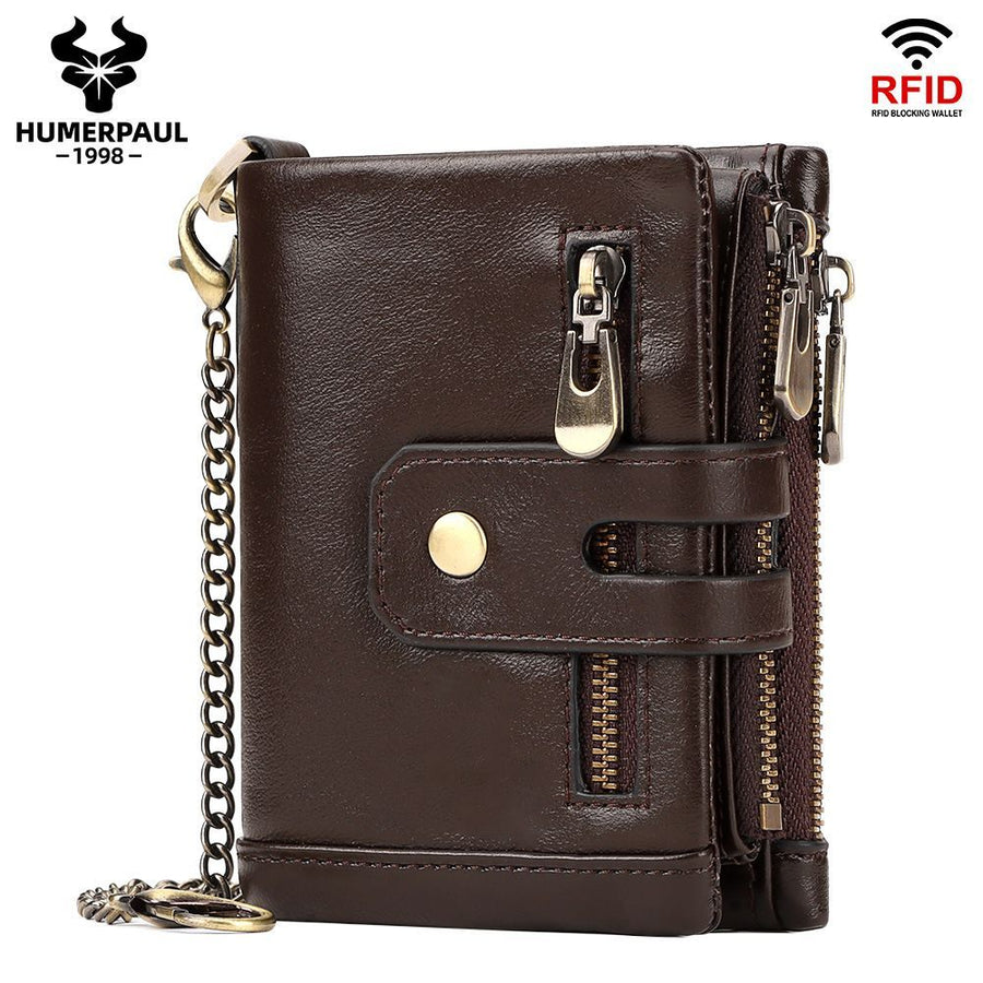 men's genuine leather wallet, RFID-blocking wallet, short men's wallet, multi-card slot wallet, multiple zipper coin pocket wallet - Camel - Size L