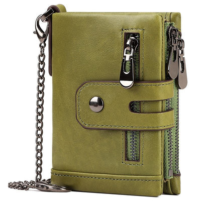 men's genuine leather wallet, RFID-blocking wallet, short men's wallet, multi-card slot wallet, multiple zipper coin pocket wallet - Green - Size L