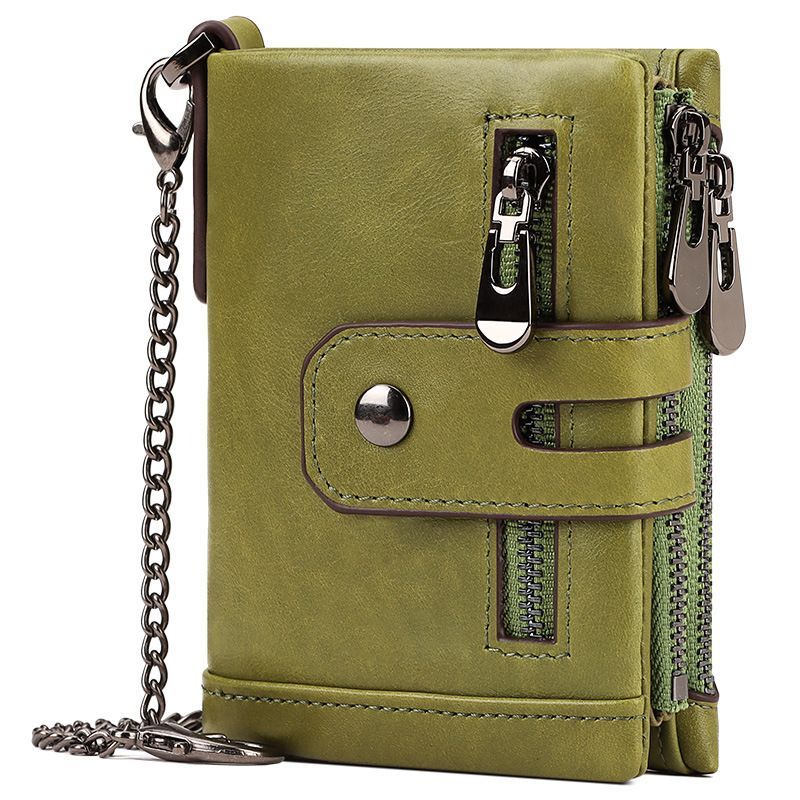 men's genuine leather wallet, RFID-blocking wallet, short men's wallet, multi-card slot wallet, multiple zipper coin pocket wallet - Green - Size L