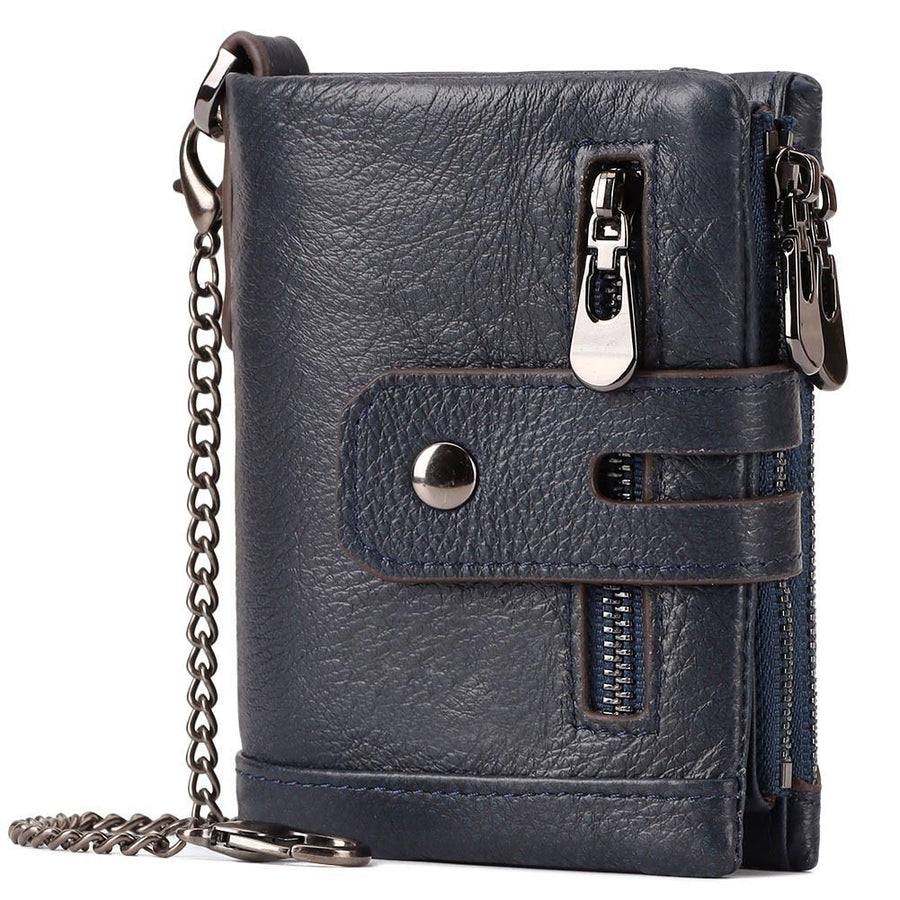 men's genuine leather wallet, RFID-blocking wallet, short men's wallet, multi-card slot wallet, multiple zipper coin pocket wallet - Navy - Size L