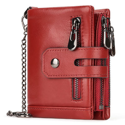 men's genuine leather wallet, RFID-blocking wallet, short men's wallet, multi-card slot wallet, multiple zipper coin pocket wallet - Red - Size L