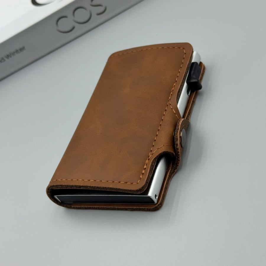 men's accessories, RFID-blocking card holder, aluminum card holder, carbon fiber pattern, security card holder, minimalist wallet alternative, Australian men, credit card protector, identity theft prevention, slim card holder - Dark Brown - Size M