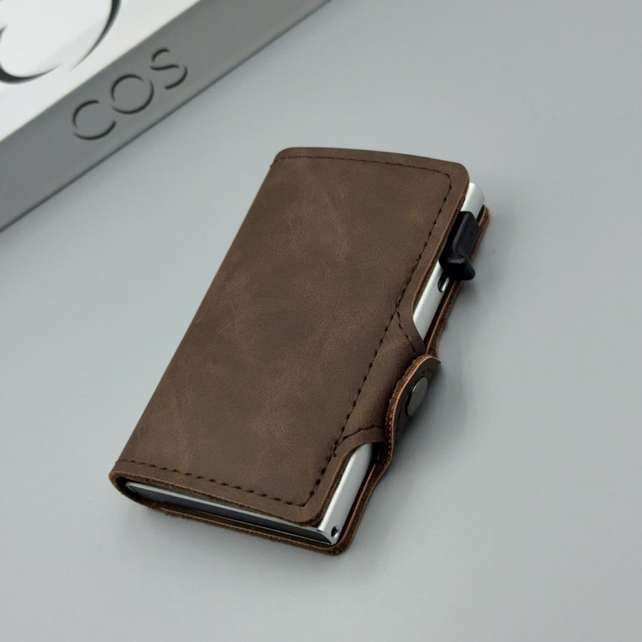 men's accessories, RFID-blocking card holder, aluminum card holder, carbon fiber pattern, security card holder, minimalist wallet alternative, Australian men, credit card protector, identity theft prevention, slim card holder - Mocha - Size M