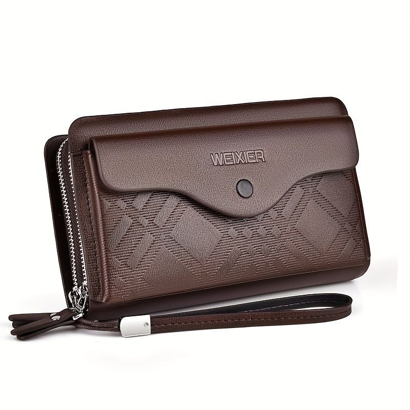 men's business clutch bag, large capacity handbag, double zipper wallet, multi card slots purse, PU leather men's accessory, waterproof men's bag, Australian professional clutch, executive clutch bag - Dark Brown - Size M