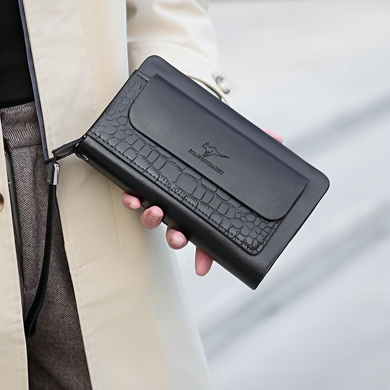 men's business clutch, double zipper handbag, large capacity phone bag, men's accessories, leather clutch bag, business travel wallet, minimalist clutch - Black2 - Size L