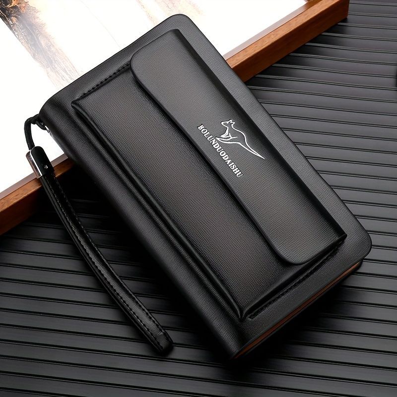 men's business clutch, double zipper handbag, large capacity phone bag, men's accessories, leather clutch bag, business travel wallet, minimalist clutch - Black - Size L