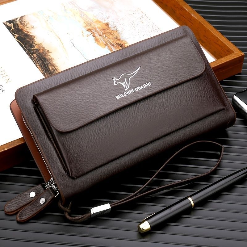 men's business clutch, double zipper handbag, large capacity phone bag, men's accessories, leather clutch bag, business travel wallet, minimalist clutch - Brown - Size L