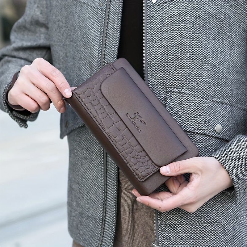 men's business clutch, double zipper handbag, large capacity phone bag, men's accessories, leather clutch bag, business travel wallet, minimalist clutch - Brown2 - Size L
