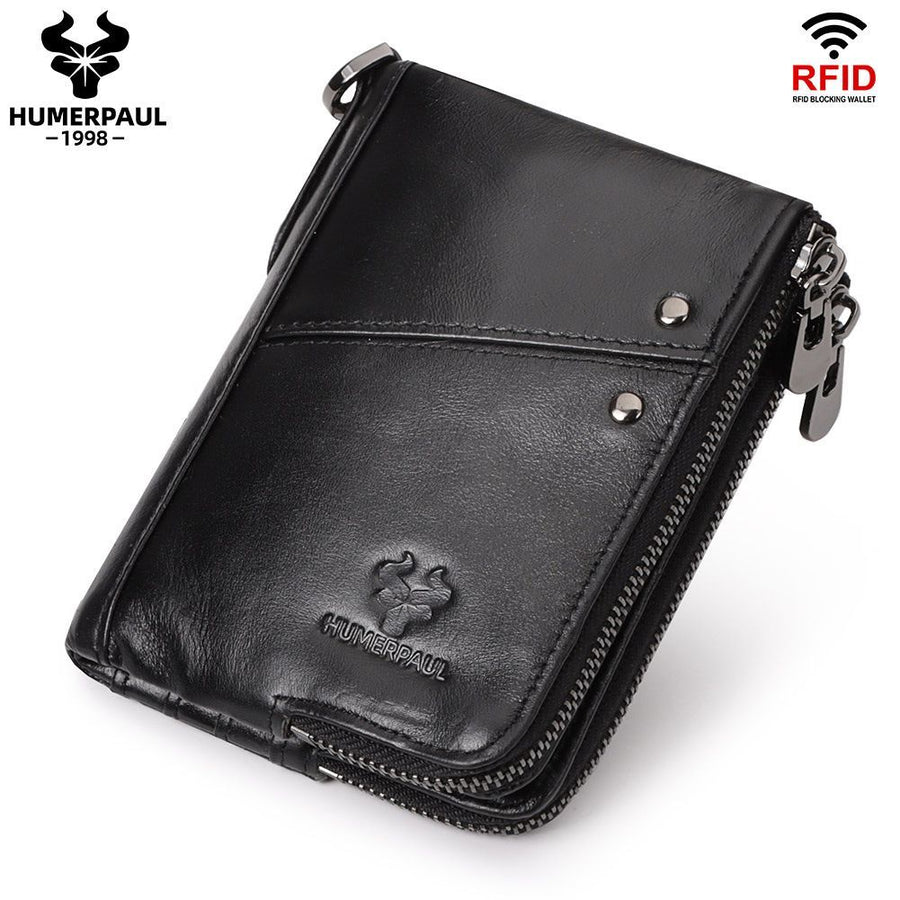 men's genuine leather wallet, RFID blocking wallet, double zipper coin purse, multiple card slots wallet, men's accessory, Australian wallet, leather coin purse, secure wallet men - Black - Size M